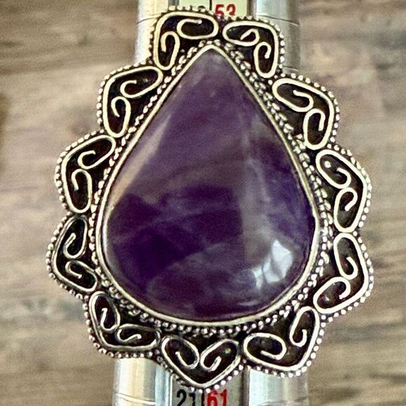 Natural Amethyst Faceted Teardrop Solitaire Sterling Silver Statement Ring Sz 8 - Picture 5 of 7